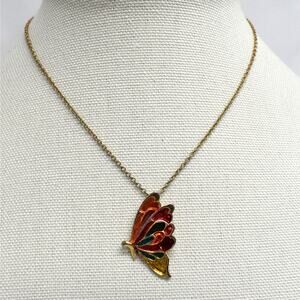 Vintage gold tone chain necklace w/ multicolor butterfly pendant fairy whimsy